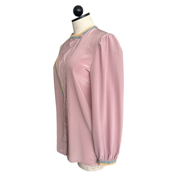 Vintage Karoline 1970's Blouse Mauve Asymetrical Pleats Green Gold Trim Fits M - Picture 4 of 11